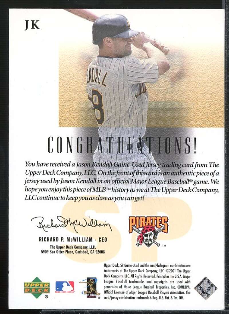 Jason Kendall Card 2001 SP Game Used Edition Authentic Fabric #JK  Image 2