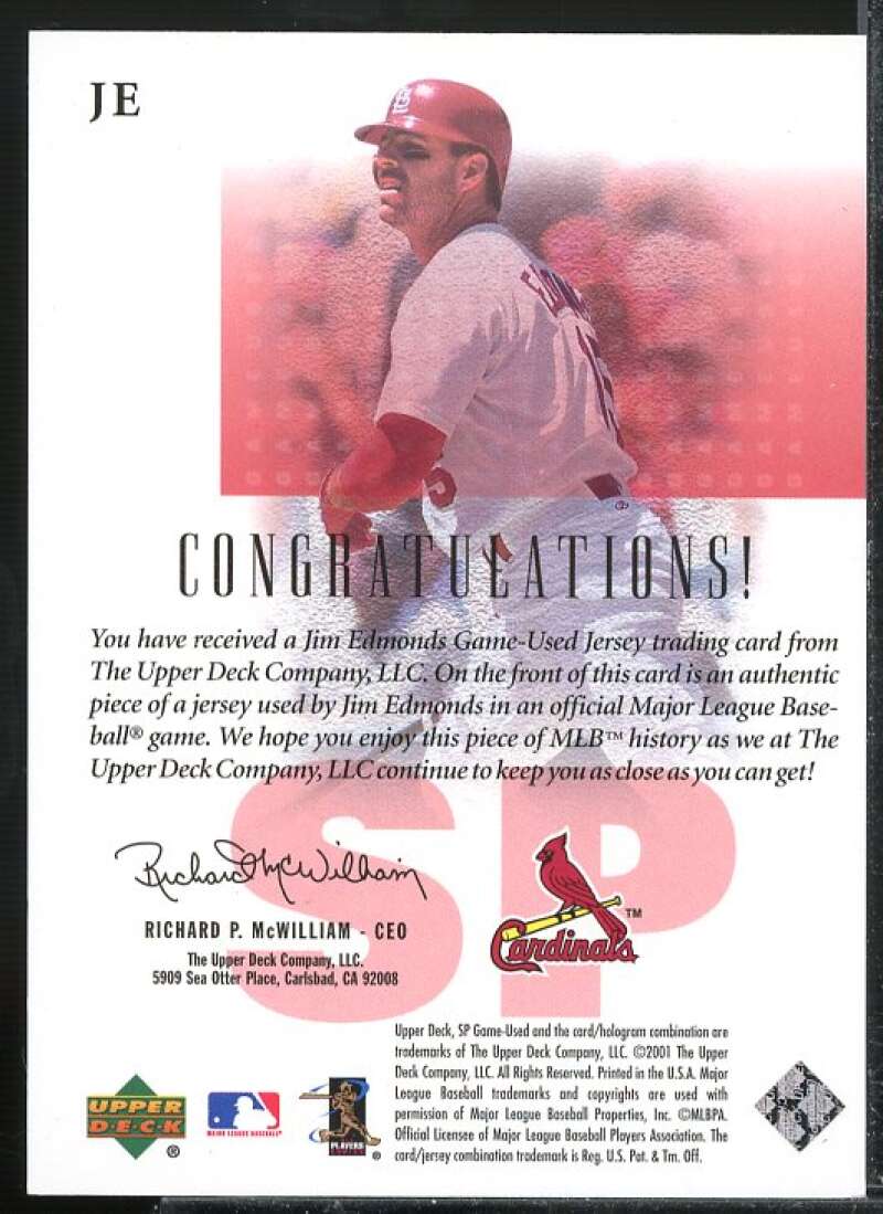 Jim Edmonds DP Card 2001 SP Game Used Edition Authentic Fabric #JE  Image 2