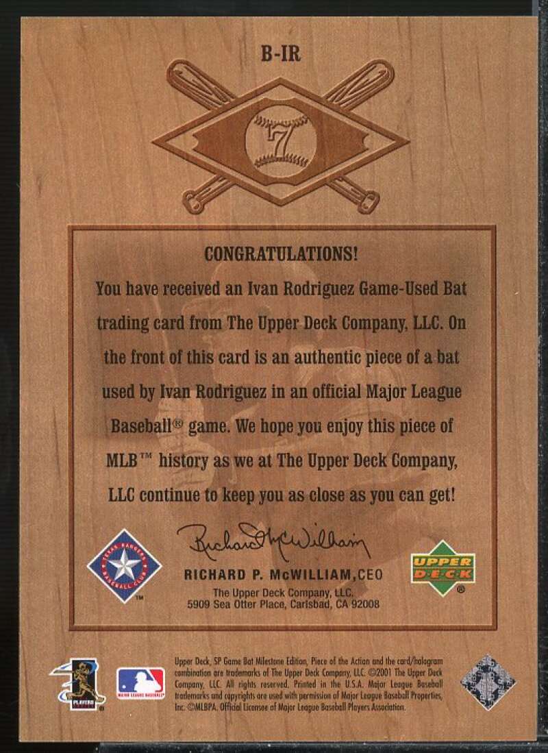 I. Rodriguez 2001 SP Game Bat Milestone Piece of Action Bound for the Hall #BIR  Image 2