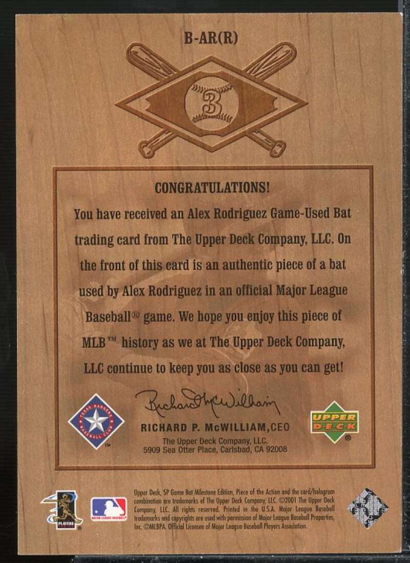 A. Rodriguez 2001 SP Game Bat Milestone Piece of Action Bound for the Hall #BAR  Image 2
