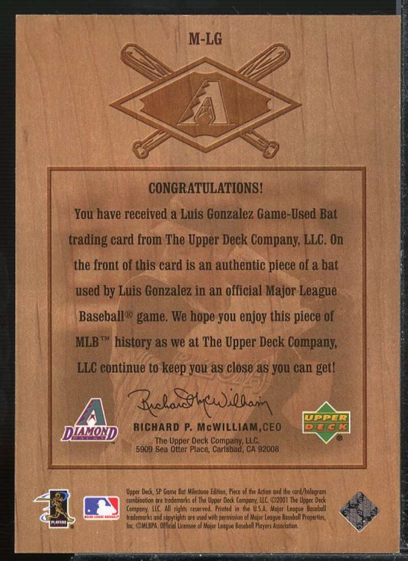 Luis Gonzalez Card 2001 SP Game Bat Milestone Piece of Action Milestone #LG  Image 2