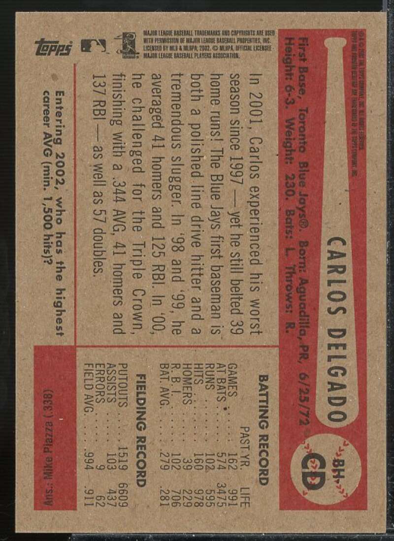 Carlos Delgado Jsy G Card 2002 Bowman Heritage Relics #BHCD  Image 2