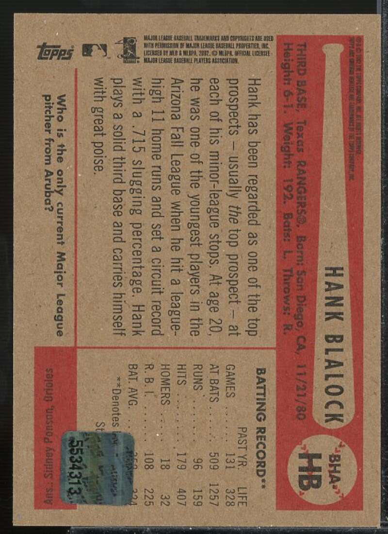 Hank Blalock C Card 2002 Bowman Heritage Autographs #BHAHB  Image 2