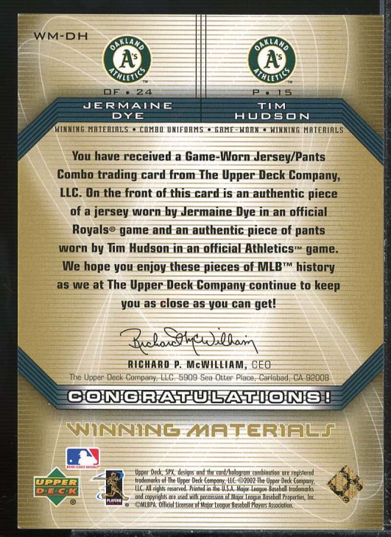 Jermaine Dye/Tim Hudson 2002 SPx Winning Materials 2-Player Jersey Combos #WMDH  Image 2