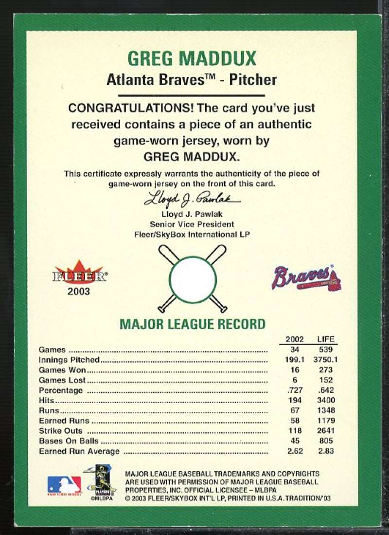 Greg Maddux Jsy Card 2003 Fleer Tradition Game Used #128  Image 2