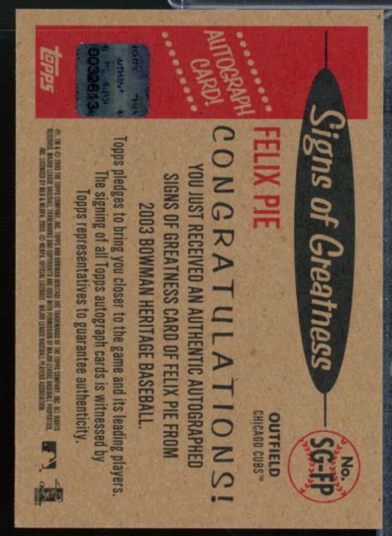 Felix Pie Card 2003 Bowman Heritage Signs of Greatness #FP  Image 2