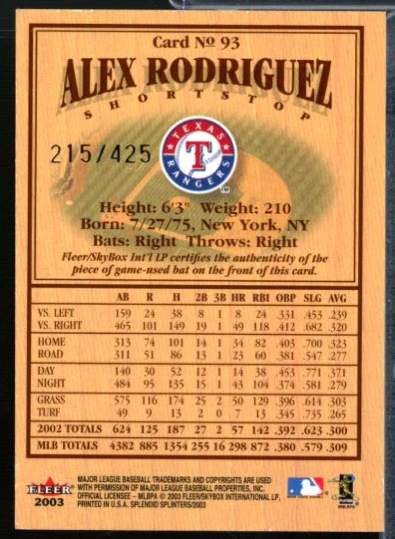 Alex Rodriguez Card 2003 Fleer Splendid Splinters Bat Chips #93  Image 2