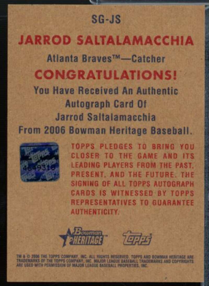 Jarrod Saltalamacchia C Card 2006 Bowman Heritage Signs of Greatness #JS  Image 2