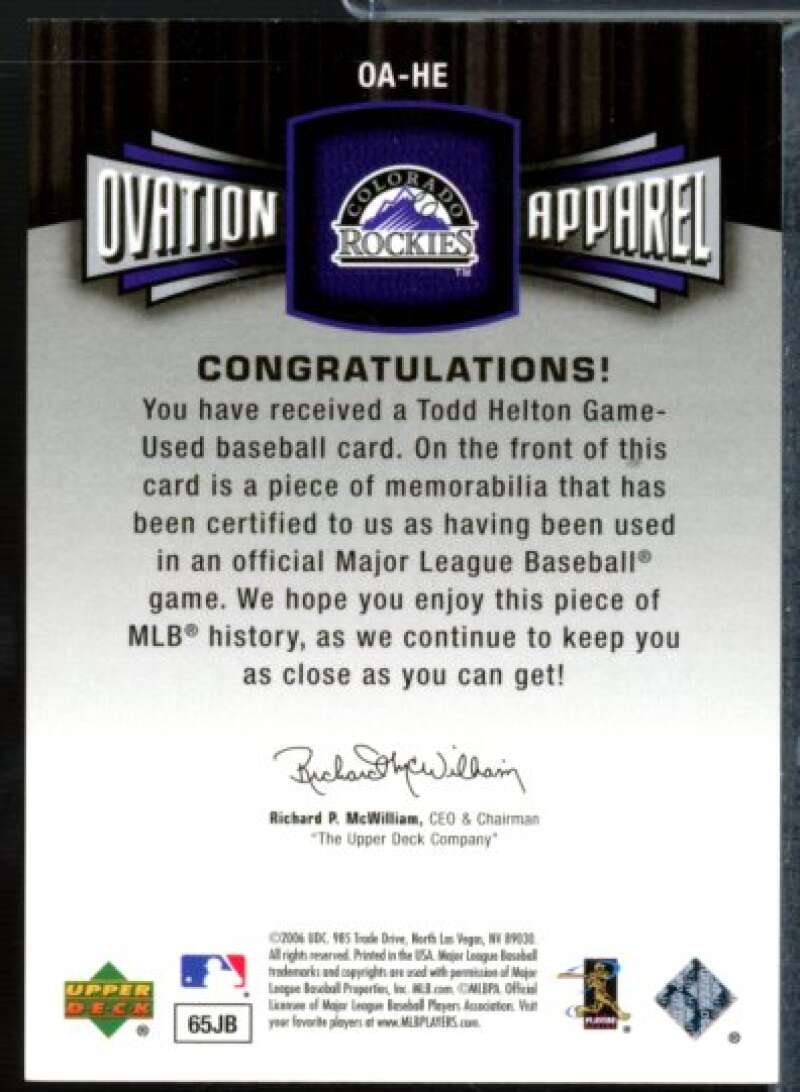 Todd Helton Jsy Card 2006 Upper Deck Ovation Apparel #HE  Image 2