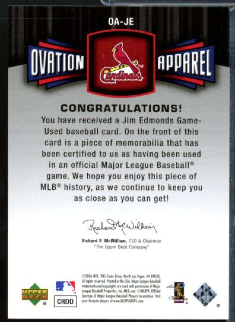 Jim Edmonds Jsy Card 2006 Upper Deck Ovation Apparel #JE  Image 2