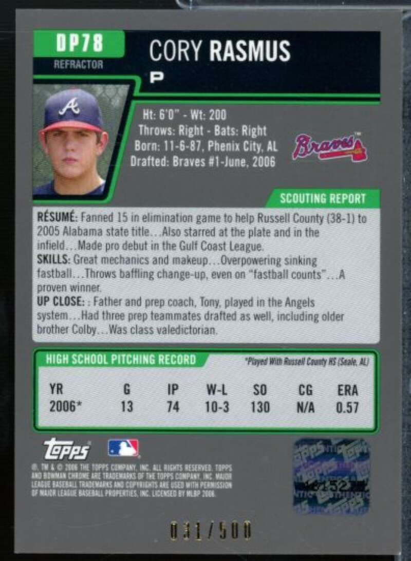 Cory Rasmus AU Rookie Card 2006 Bowman Chrome Draft Draft Picks Refractors #78  Image 2