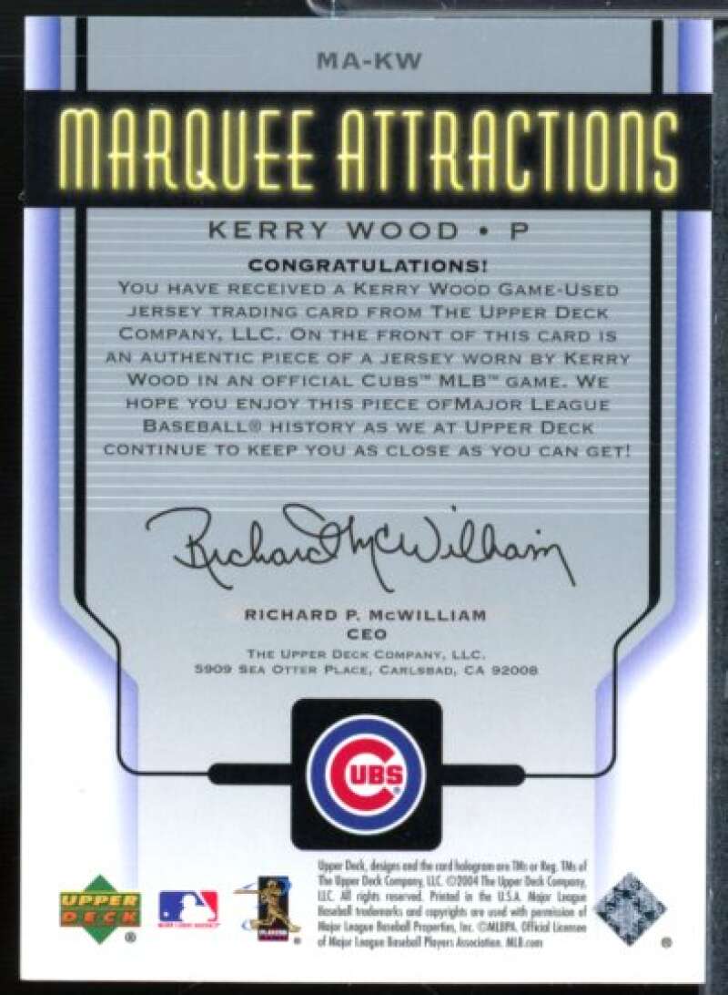 Kerry Wood Card 2005 Upper Deck Marquee Attractions Jersey #KW  Image 2