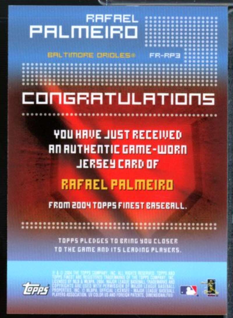 Rafael Palmeiro Jsy B Card 2004 Finest Relics #RP3  Image 2