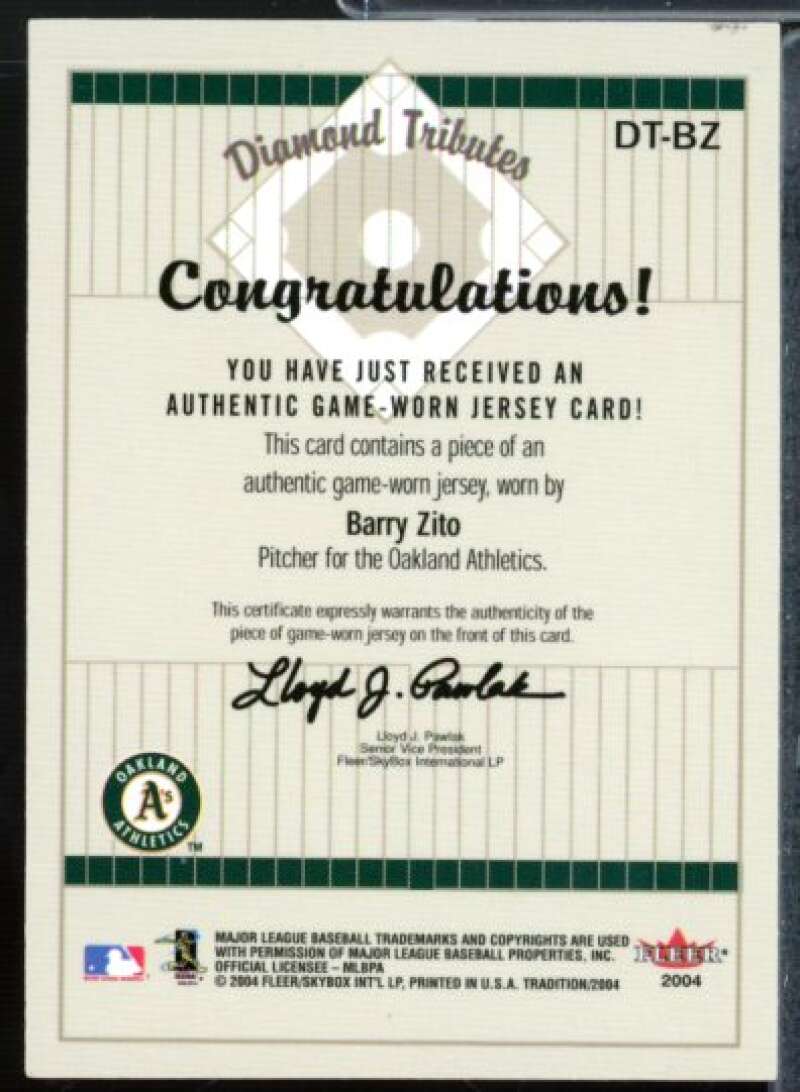 Barry Zito Card 2004 Fleer Tradition Diamond Tributes Game Jersey #BZ  Image 2