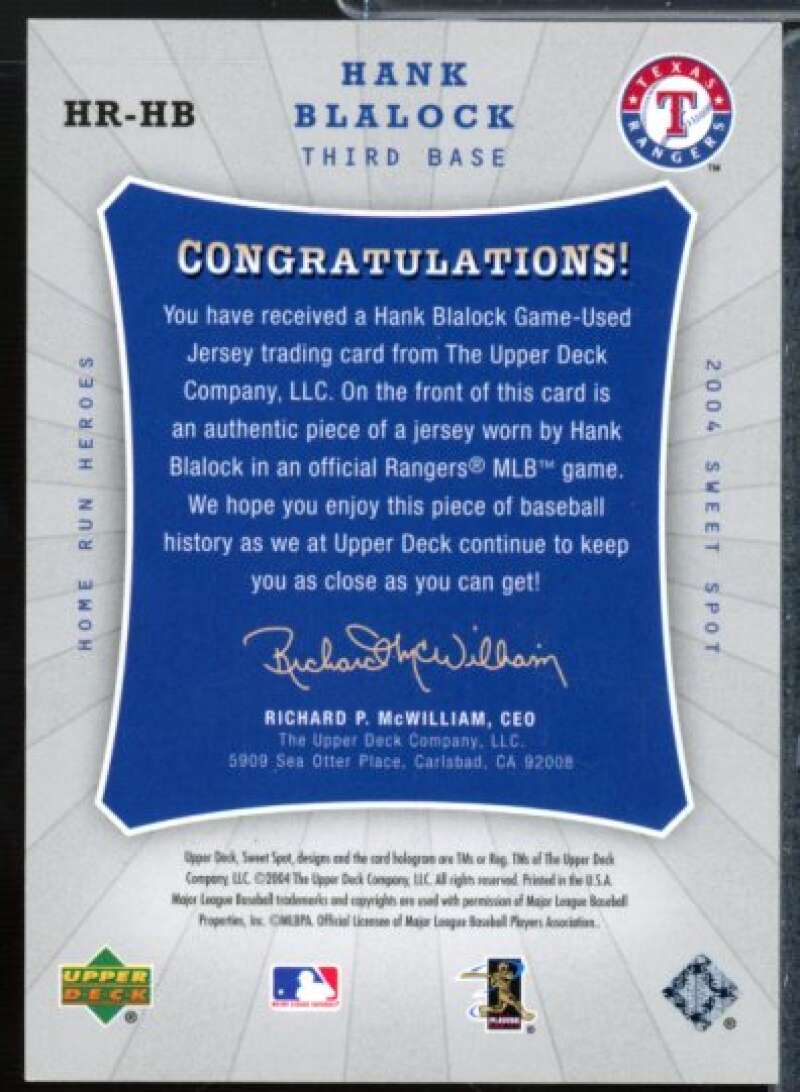 Hank Blalock Card 2004 Sweet Spot Home Run Heroes Jersey #HRHB  Image 2