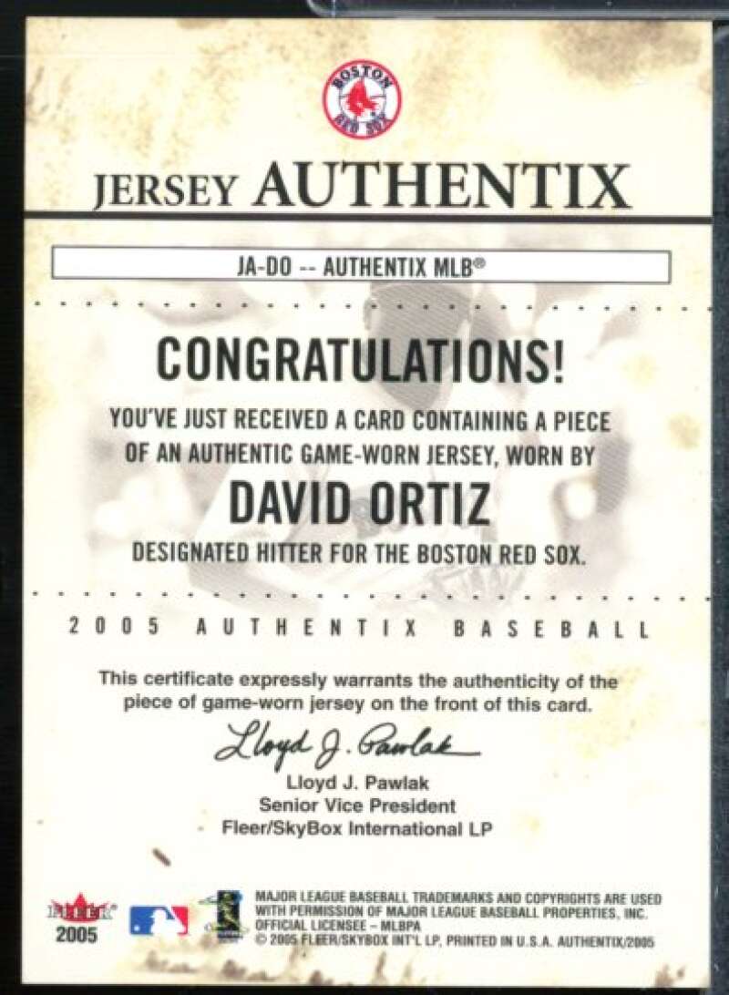 David Ortiz Card 2005 Fleer Authentix Jersey General Admission #DO  Image 2