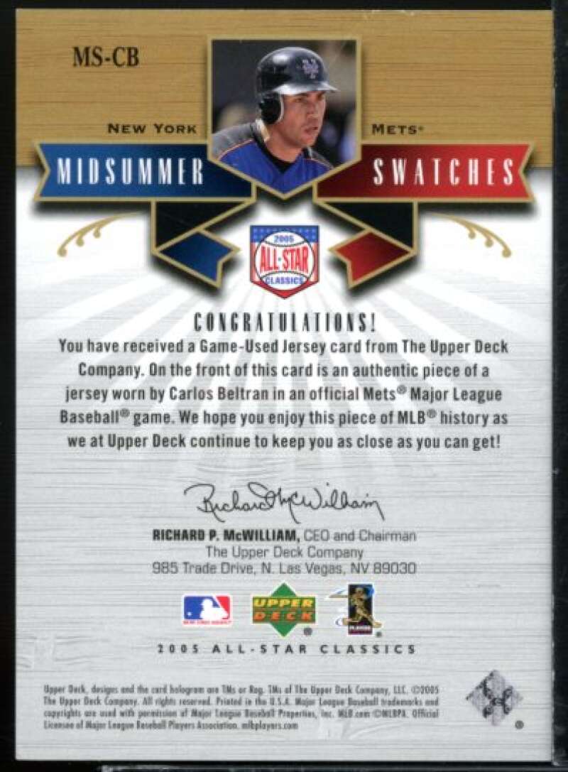 Carlos Beltran Jsy Card 2005 UD All-Star Classics Midsummer Swatches #CB  Image 2