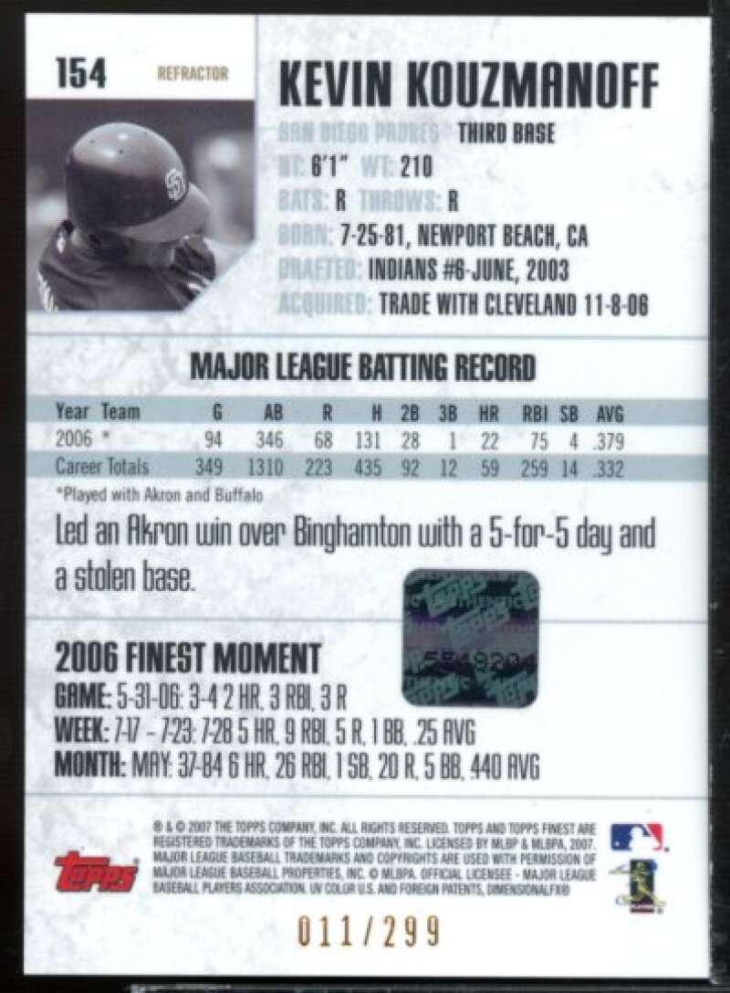 Kevin Kouzmanoff AU Rookie Card 2007 Finest Refractors Blue #154  Image 2