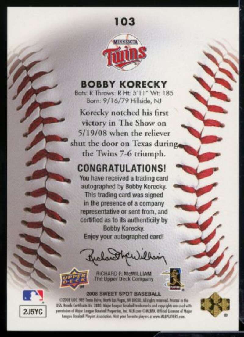 Bobby Korecky AU Rookie Card 2008 Sweet Spot Rookie Signatures 50 #103  Image 2