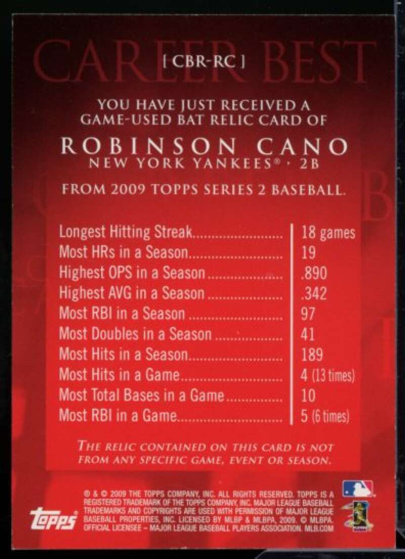 Robinson Cano Bat B2 Card 2009 Topps Career Best Relics #RC  Image 2
