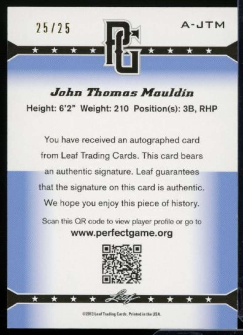 John Thomas Mauldin Rookie Card 2013 Leaf Perfect Game Autographs Blue #JTM  Image 2