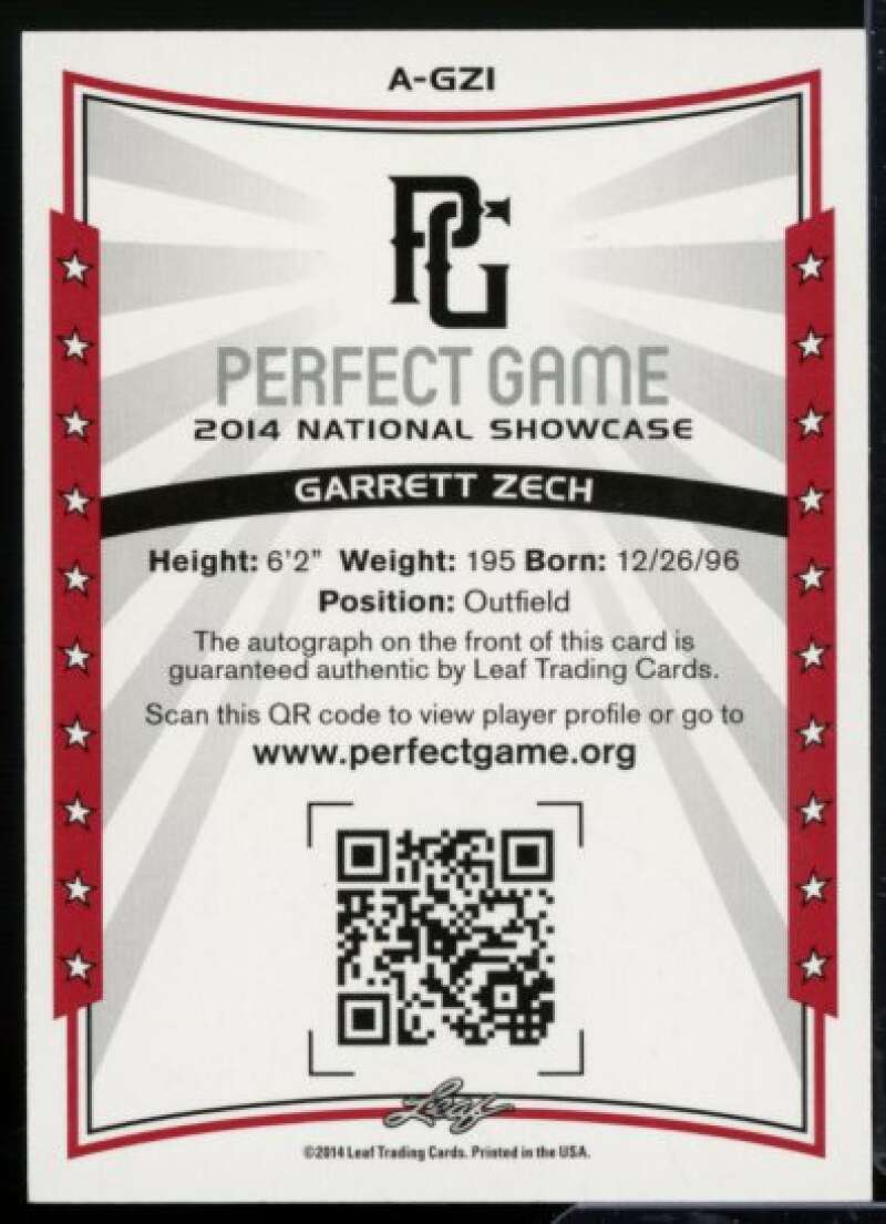 Garrett Zech Rookie Card 2014 Leaf Perfect Game Showcase Autographs Gold #AGZ1  Image 2