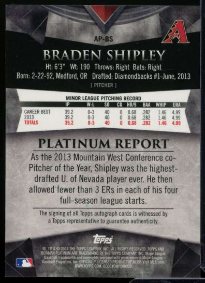 Braden Shipley 2014 Bowman Platinum Prospect Autographs Red Refractors #APBS  Image 2