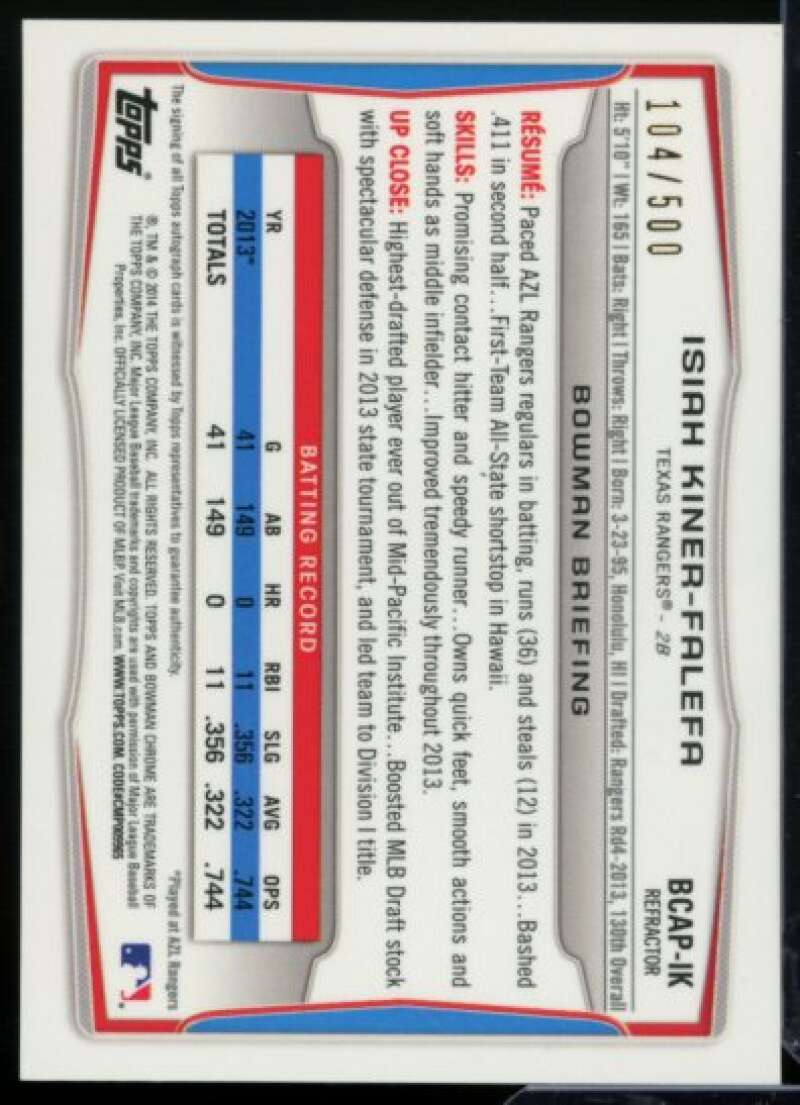 Isiah Kiner-Falefa RC 2014 Bowman Chrome Prospect Autographs Refractors #BCAPIK  Image 2