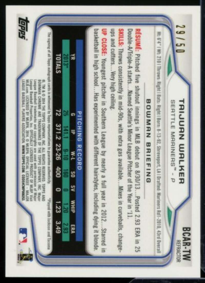 Taijuan Walker RC 2014 Bowman Chrome Rookie Autographs Gold Refractors #BCARTW  Image 2