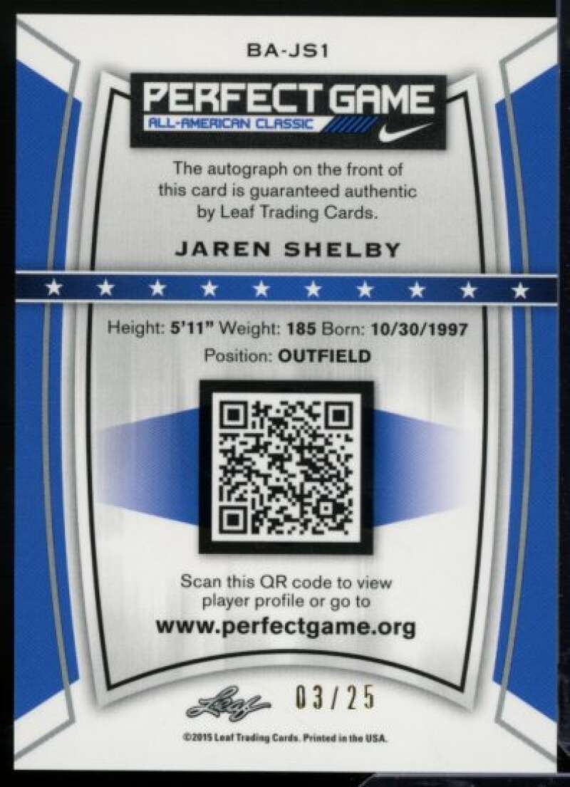 Jaren Shelby Rookie 2015 Leaf Metal Draft Perfect Game Prismatic Blue #BAJS1  Image 2