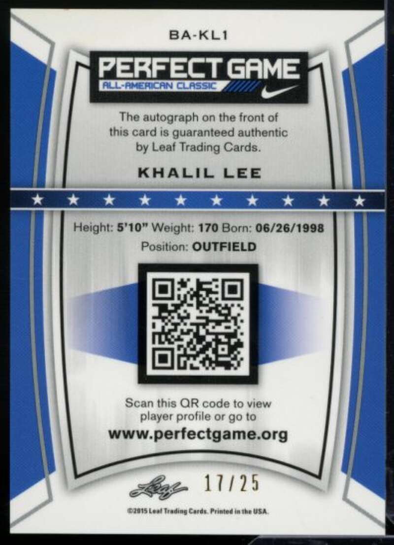 Khalil Lee Rookie Card 2015 Leaf Metal Draft Perfect Game Prismatic Blue #BAKL1  Image 2