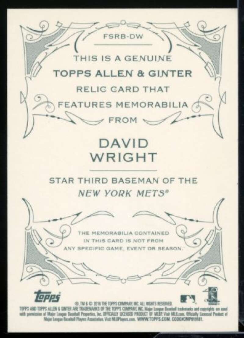 David Wright Card 2016 Topps Allen and Ginter Relics #FSRBDW  Image 2