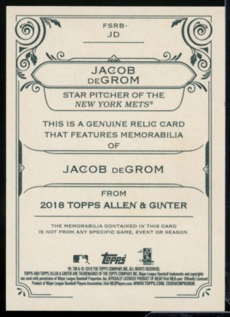 Jacob deGrom Card 2018 Topps Allen and Ginter Relics #FSRBJd  Image 2