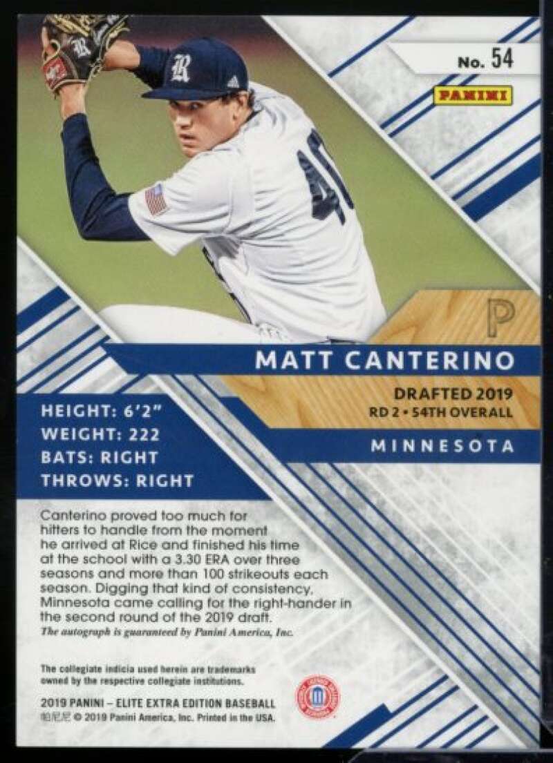 Matt Canterino Rookie 2019 Elite Extra Edition Autographs Aspirations Blue #54  Image 2