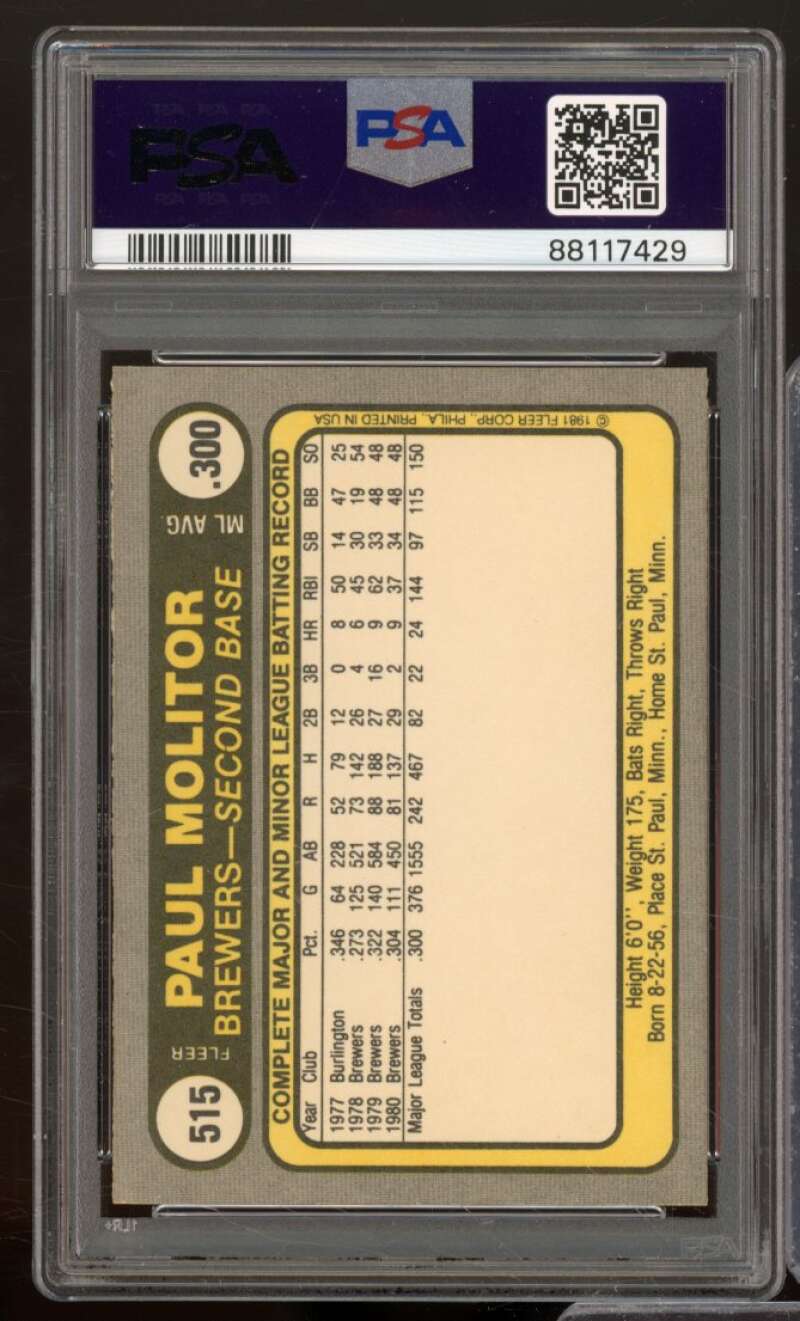 Paul Molitor Card 1981 Fleer #515 PSA 9 Image 2