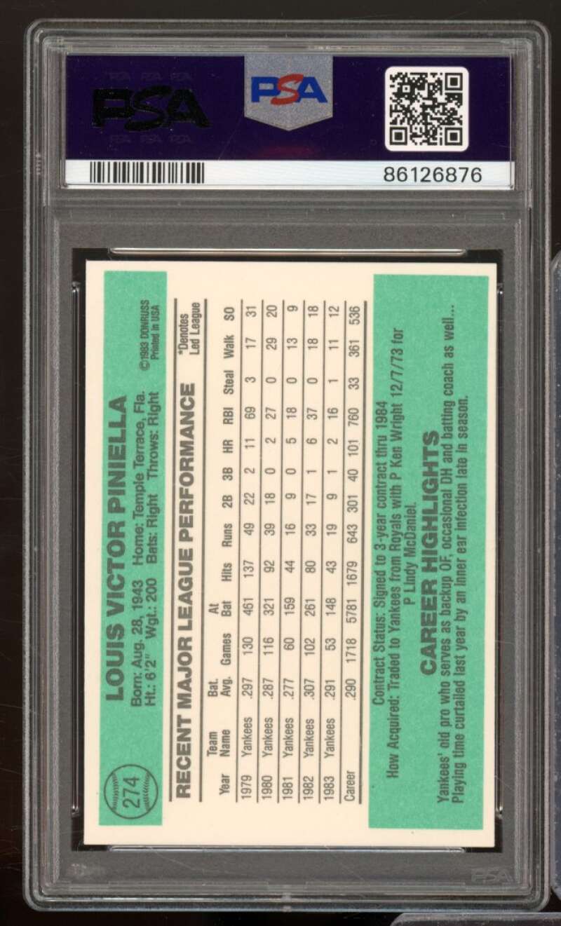 Lou Piniella Card 1984 Donruss #274 PSA 9 Image 2