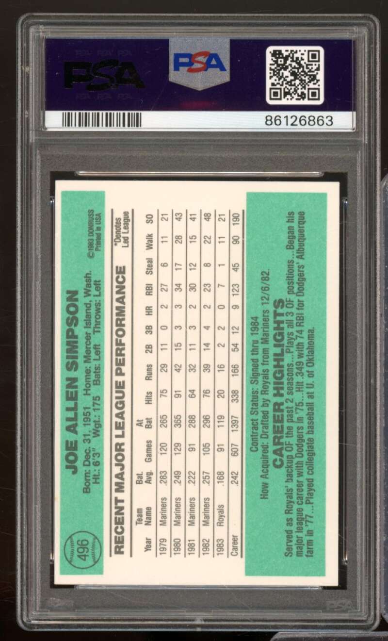 Joe Simpson Card 1984 Donruss #496 PSA 9 Image 2