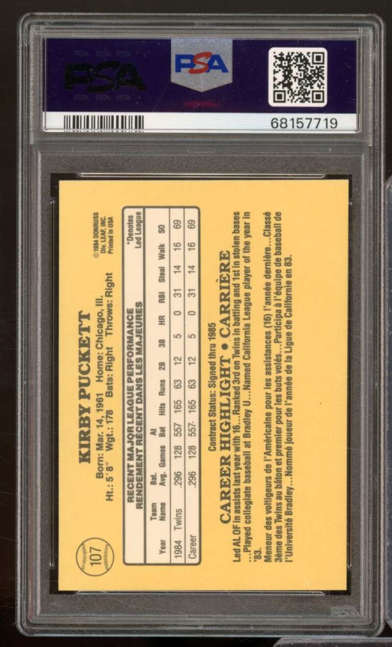 Kirby Puckett Rookie Card 1985 Leaf #107 PSA 7 Image 2