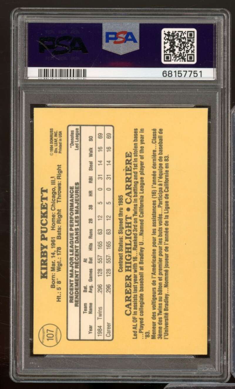 Kirby Puckett Rookie Card 1985 Leaf #107 PSA 8 Image 2