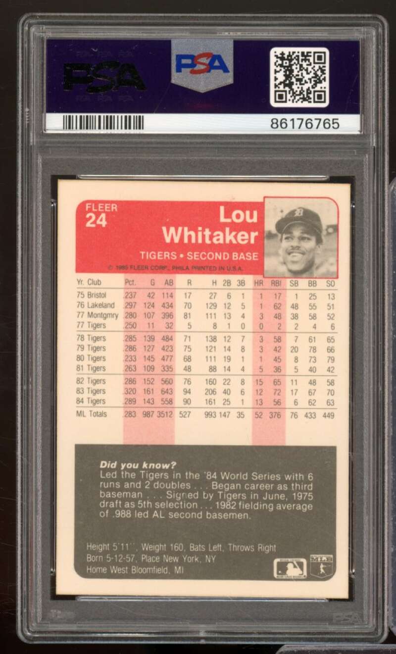 Lou Whitaker Card 1985 Fleer #24 PSA 9 Image 2