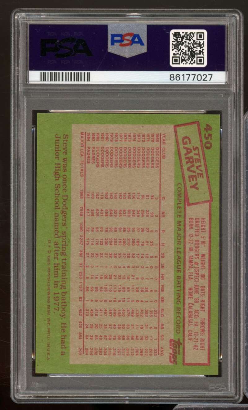 Steve Garvey Card 1985 Topps #450 PSA 9 Image 2