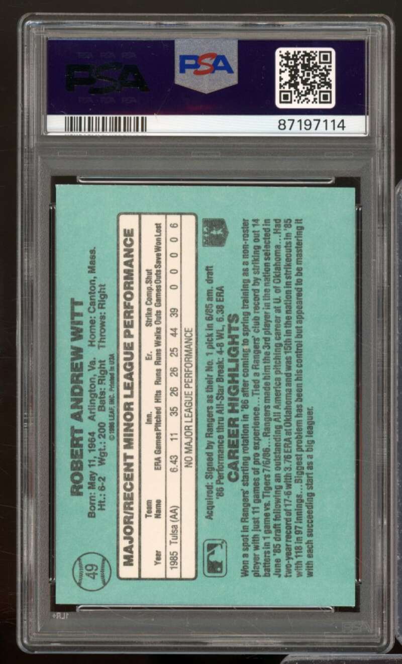 Bobby Witt Rookie Card 1986 Donruss Rookies #49 PSA 9 Image 2