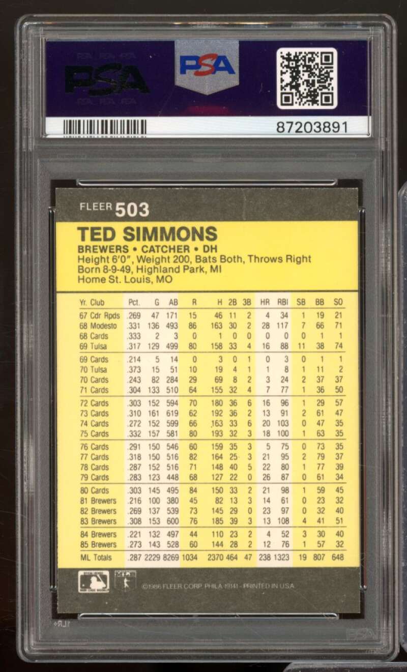 Ted Simmons Card 1986-87 Fleer #503 PSA 9 Image 2