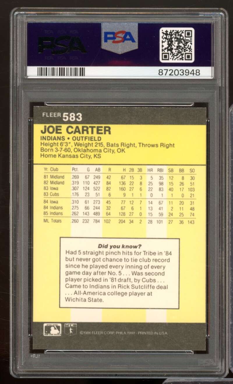 Joe Carter Card 1986-87 Fleer #583 PSA 9 Image 2