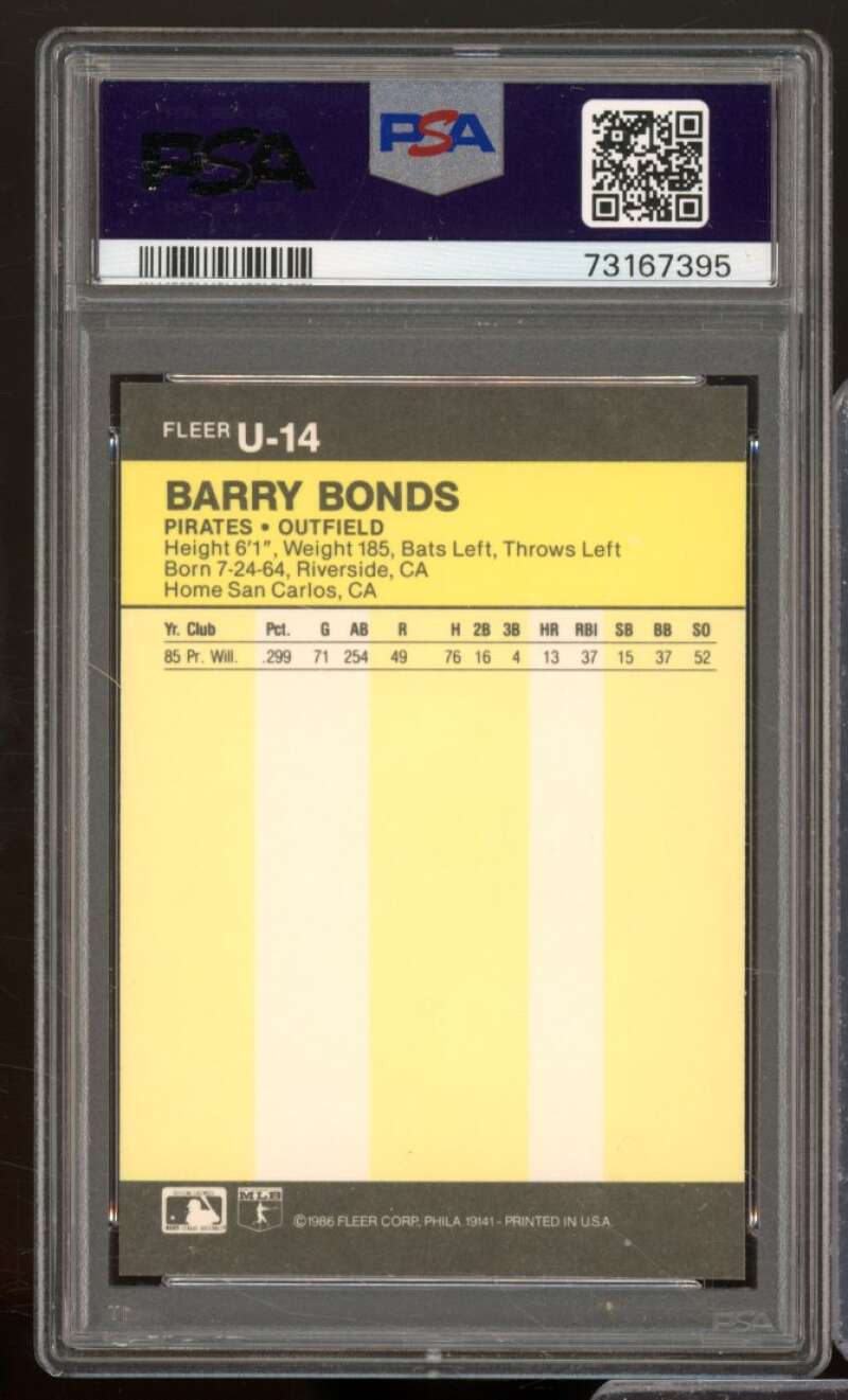 Barry Bonds Rookie Card 1986 Fleer Update #U-14 PSA 9 Image 2