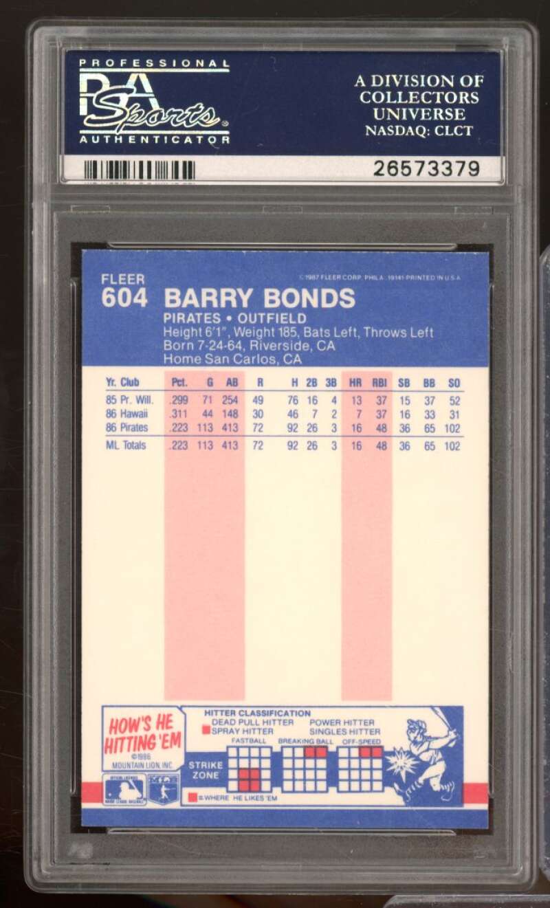 Barry Bonds Rookie Card 1987 Fleer Glossy #604 PSA 9 Image 2