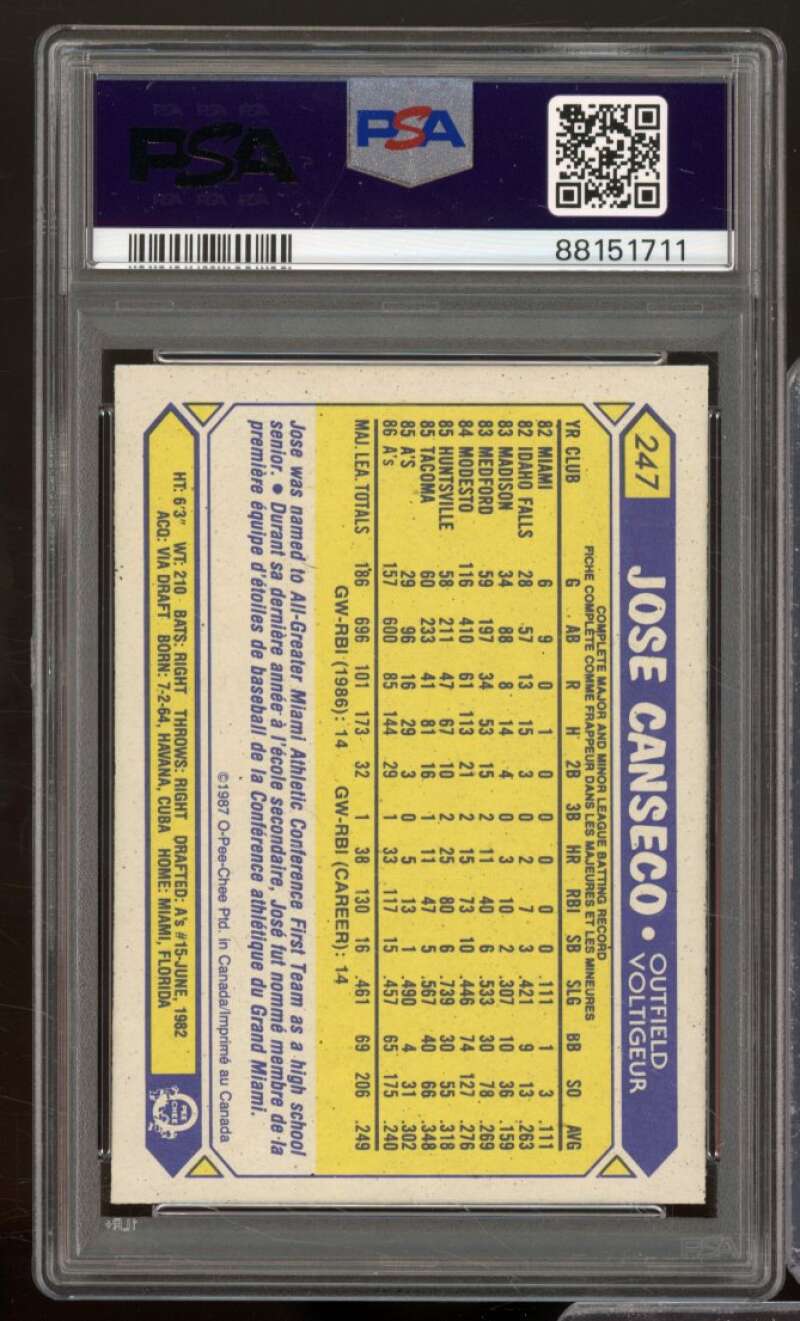 Jose Canseco Card 1987 O-Pee-Chee #247 PSA 8 Image 2