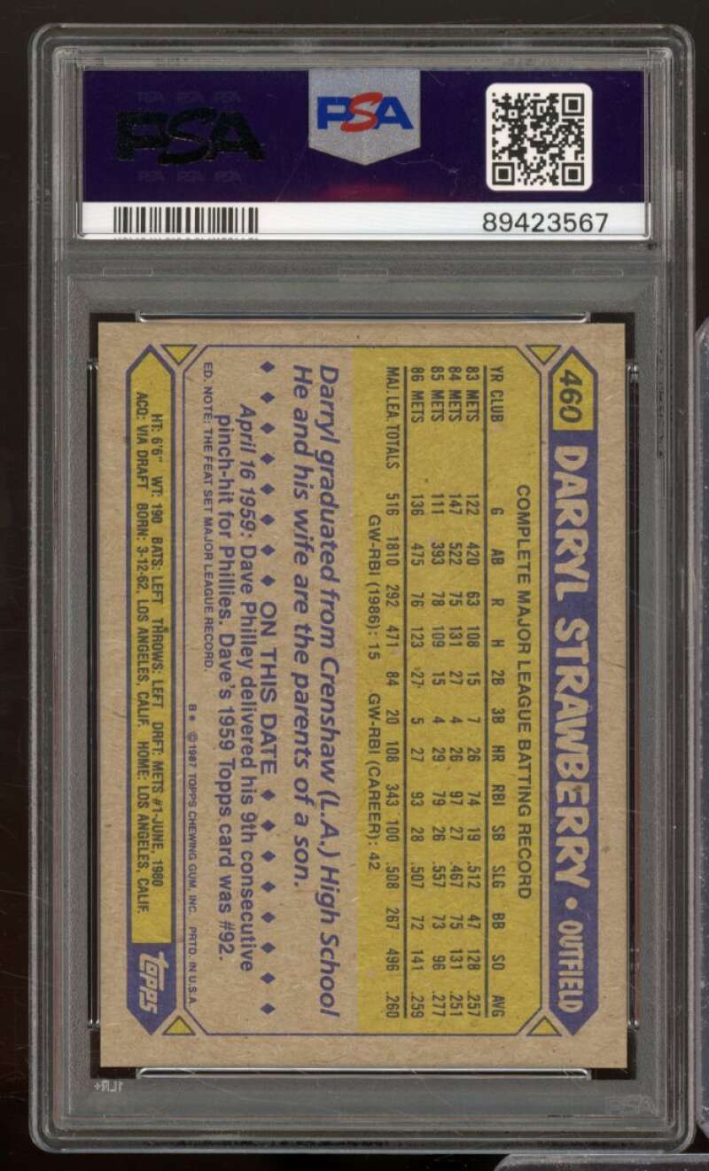 Darryl Strawberry Card 1987 Topps #460 PSA 9 Image 2