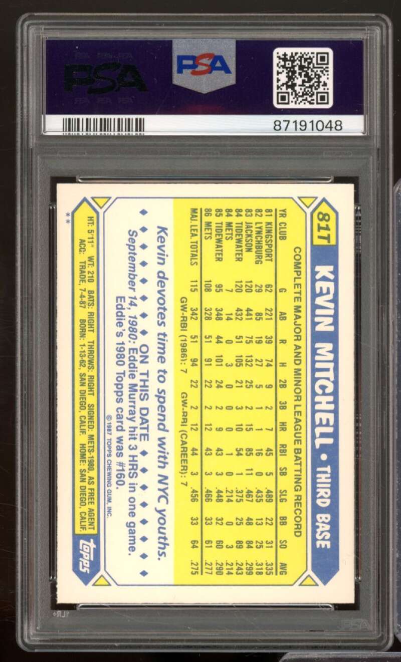 Kevin Mitchell Rookie Card 1987 Topps Traded #81T PSA 9 Image 2