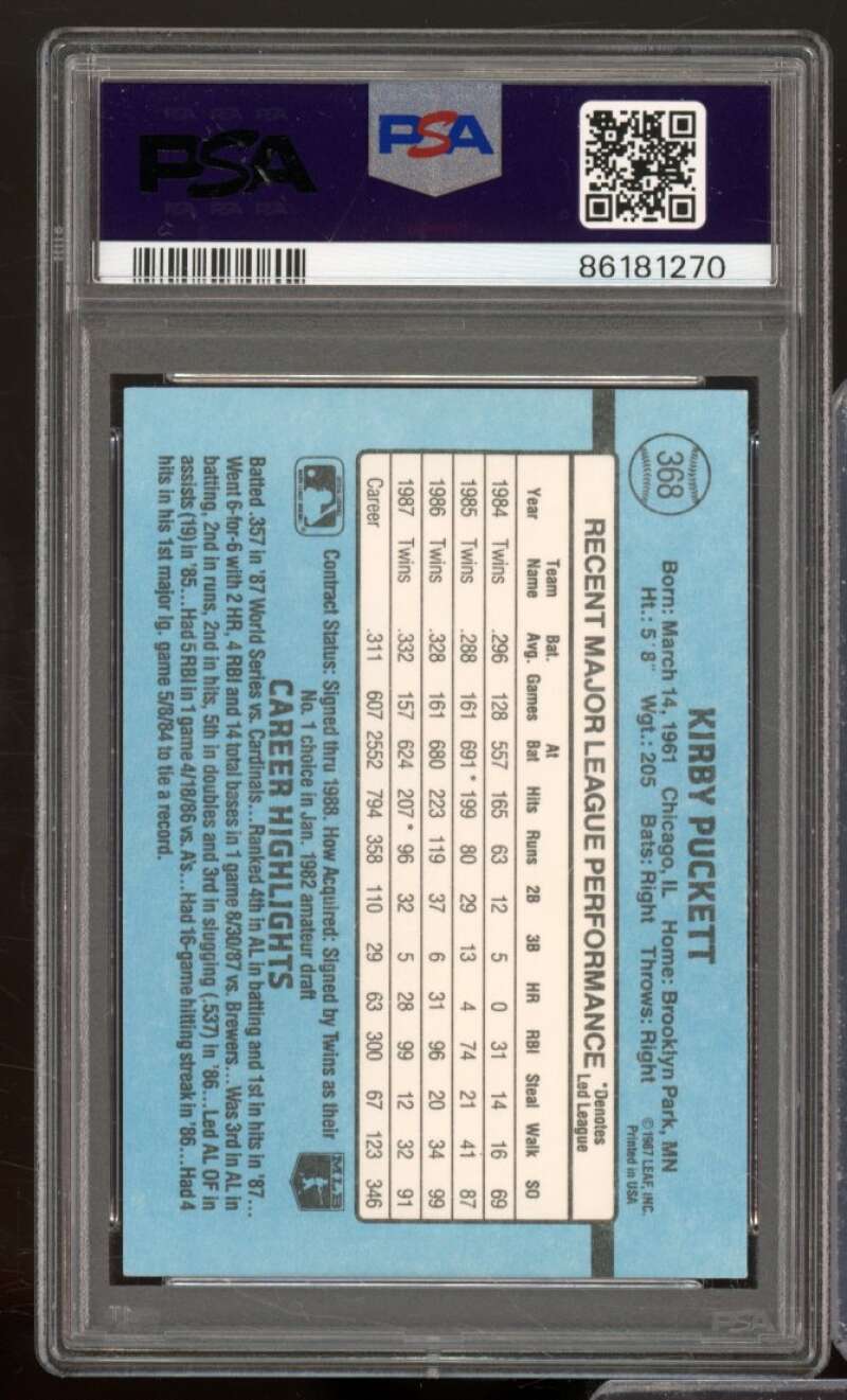 Kirby Puckett Card 1988 Donruss #368 PSA 9 Image 2